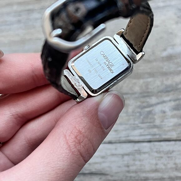 Vintage Carriage by Timex Womens Watch Rectangle Face Brown Black Leather Strap